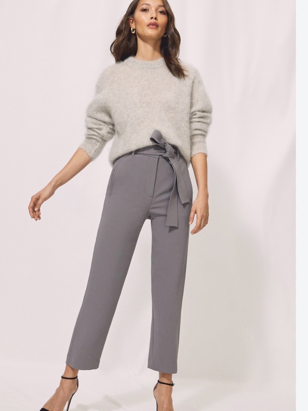 Aritzia Wilfred Gray High-Rise Tie-Waist Straight Leg Pants